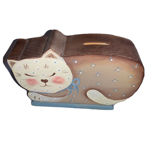 Vintage Folk Art Cat Carved Wood Bank Hand Painted Blue Flowers Tan Brown 6” - Picture 3 of 12